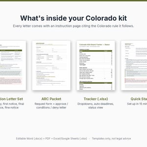 May include: A Colorado kit document set featuring a Violation Letter Set, ARC Packet, Tracker .xlsx file, and Quick Start guide. The text includes What's inside your Colorado kit and Every letter comes with an instruction page citing the Colorado rule it follows.