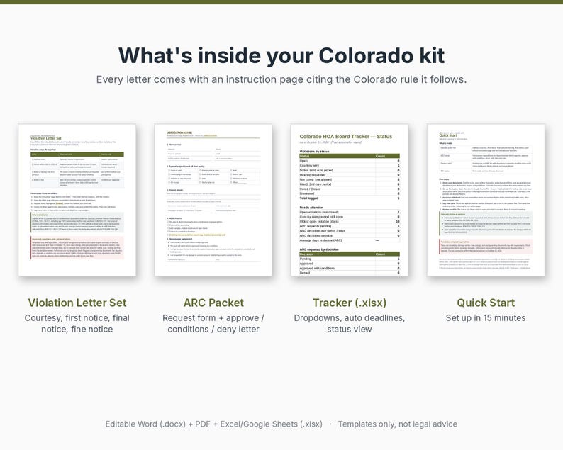May include: A Colorado kit document set featuring a Violation Letter Set, ARC Packet, Tracker .xlsx file, and Quick Start guide. The text includes What's inside your Colorado kit and Every letter comes with an instruction page citing the Colorado rule it follows.
