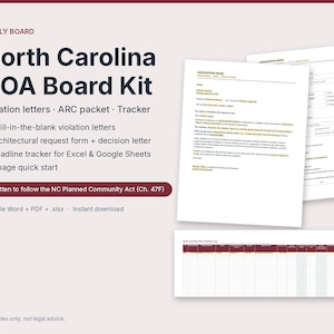 May include: North Carolina HOA Board Kit featuring fill-in-the-blank violation letters, an architectural request form, and a deadline tracker. Includes documents written to follow the NC Planned Community Act (Ch. 47F) in Word, PDF, and .xlsx formats.