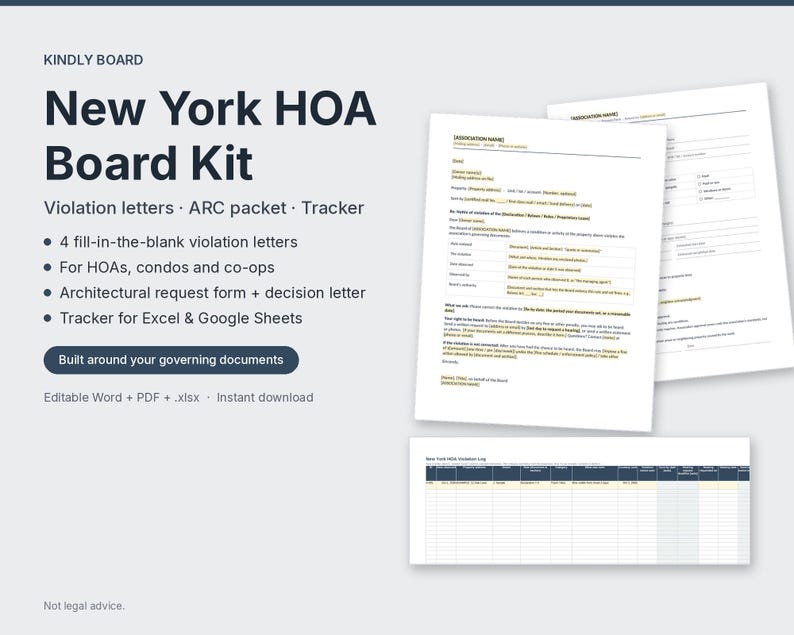New York HOA Violation Notice Letters + Step Checklists | Condo, Co-op and HOA Board Hearing Process | Word, PDF, Tracker image 1