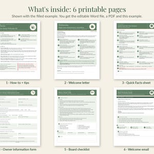 May include: A set of six printable pages for a new owner welcome kit, featuring a sage green and white color scheme. The documents include a how-to guide, welcome letter, quick facts sheet, owner information form, board checklist, and welcome email.