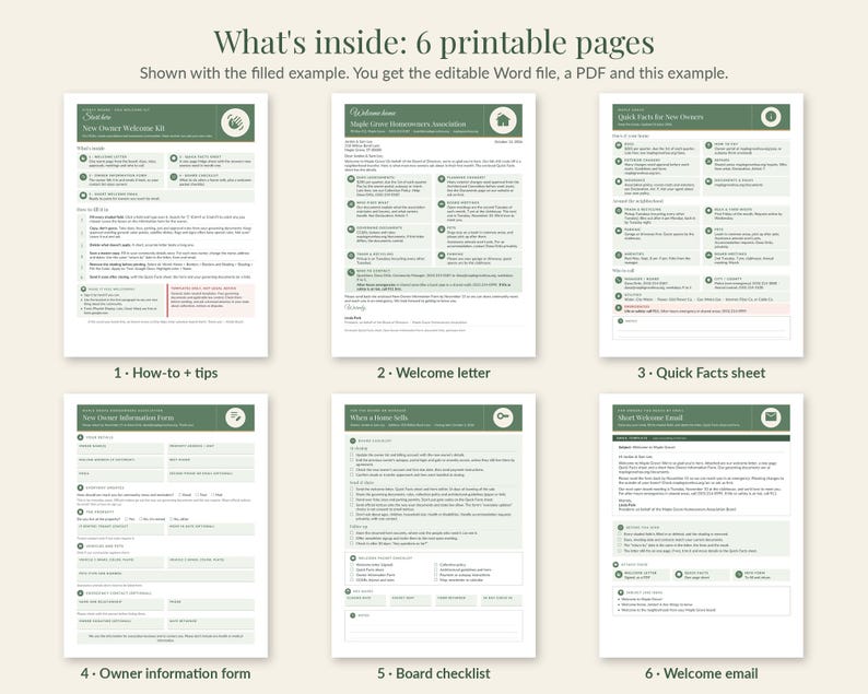 May include: A set of six printable pages for a new owner welcome kit, featuring a sage green and white color scheme. The documents include a how-to guide, welcome letter, quick facts sheet, owner information form, board checklist, and welcome email.