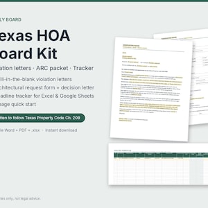 May include: Texas HOA Board Kit featuring fill-in-the-blank violation letters, an architectural request form, and a deadline tracker. Includes documents written to follow Texas Property Code Ch. 209, available in editable Word, PDF, and .xlsx formats.