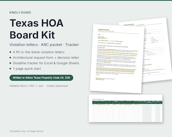 May include: Texas HOA Board Kit featuring fill-in-the-blank violation letters, an architectural request form, and a deadline tracker. Includes documents written to follow Texas Property Code Ch. 209, available in editable Word, PDF, and .xlsx formats.