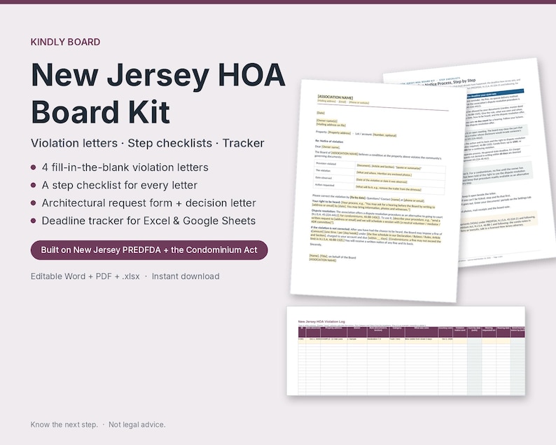 New Jersey HOA Violation Notice Letters + Step Checklists | PREDFDA and Condo Fine Notice, Hearing, Dispute Resolution | Word, PDF image 1