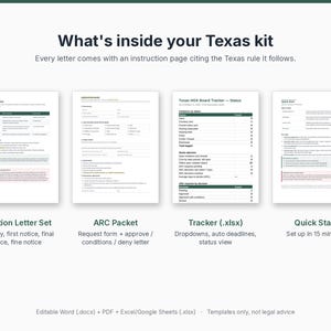 May include: A Texas HOA kit featuring four document templates: a Violation Letter Set, an ARC Packet, a Texas HOA Board Tracker status spreadsheet, and a Quick Start guide. The text includes What's inside your Texas kit and Editable Word, PDF, Excel.