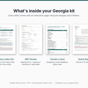 May include: A Georgia kit document set featuring four pages: a Violation Letter Set, an ARC Packet, a Tracker (.xlsx) spreadsheet, and a Quick Start guide. The header reads What's inside your Georgia kit and includes a disclaimer at the bottom.