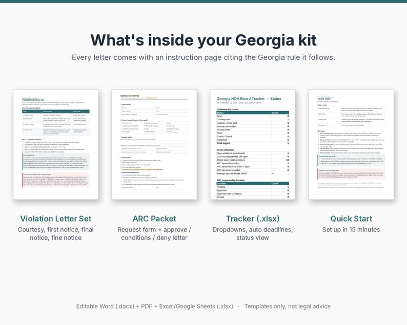 May include: A Georgia kit document set featuring four pages: a Violation Letter Set, an ARC Packet, a Tracker (.xlsx) spreadsheet, and a Quick Start guide. The header reads What's inside your Georgia kit and includes a disclaimer at the bottom.