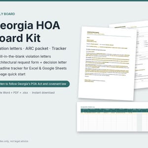 May include: A Georgia HOA Board Kit featuring fill-in-the-blank violation letters, an architectural request form, and a deadline tracker. The document set includes text templates for association management, written to follow Georgia's POA Act and covenant law.