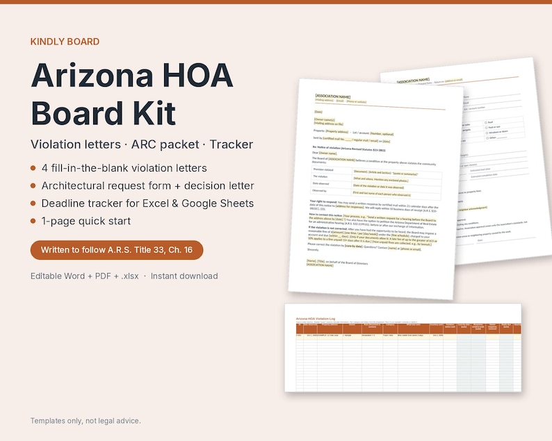 Brev om överträdelse av HOA-regler i Arizona + checklistor för steg | 33-1803-processen för meddelande, svar och förhandling | Word, PDF, Tracker bild 1
