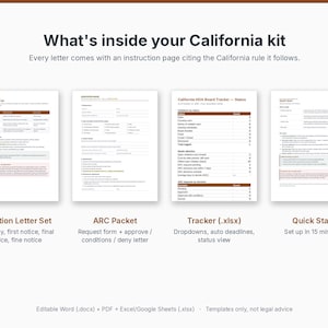 May include: A digital kit for California homeowners associations featuring four document templates: a Violation Letter Set, an ARC Packet, a California HOA Board Tracker in .xlsx format, and a Quick Start guide for setup.