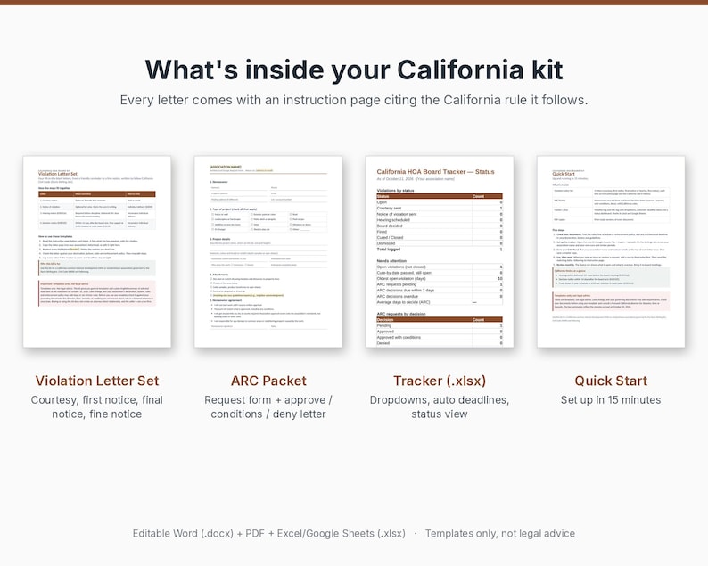 May include: A digital kit for California homeowners associations featuring four document templates: a Violation Letter Set, an ARC Packet, a California HOA Board Tracker in .xlsx format, and a Quick Start guide for setup.