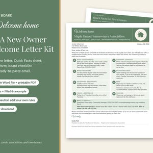 May include: A digital HOA New Owner Welcome Letter Kit featuring a welcome letter and Quick Facts sheet. The documents include sections on dues, planning changes, board meetings, pets, trash, and contact information for Maple Grove Homeowners Association.