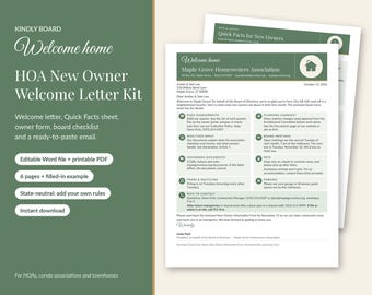 May include: A digital HOA New Owner Welcome Letter Kit featuring a welcome letter and Quick Facts sheet. The documents include sections on dues, planning changes, board meetings, pets, trash, and contact information for Maple Grove Homeowners Association.