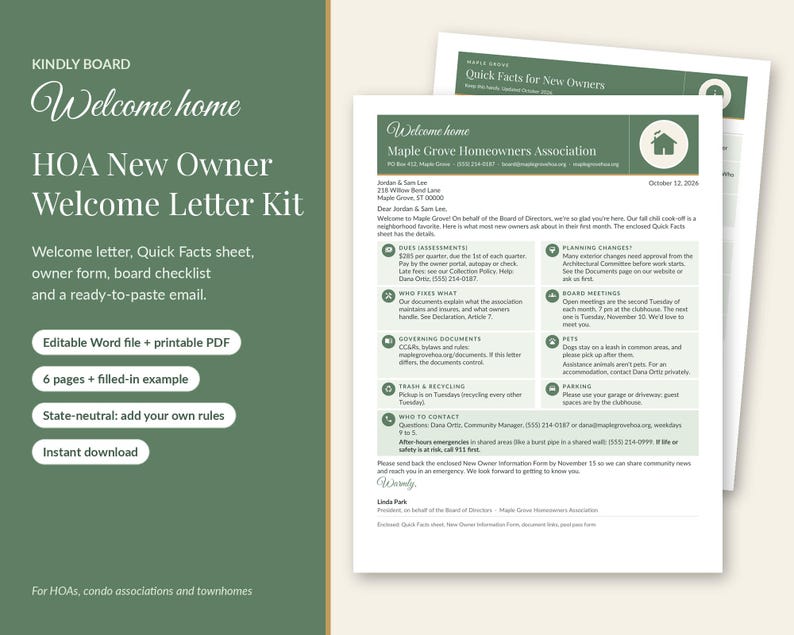 May include: A digital HOA New Owner Welcome Letter Kit featuring a welcome letter and Quick Facts sheet. The documents include sections on dues, planning changes, board meetings, pets, trash, and contact information for Maple Grove Homeowners Association.