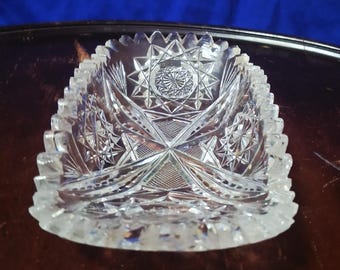 Vintage Cut Glass Oval Dish Sunburst Motif American Brilliant Period