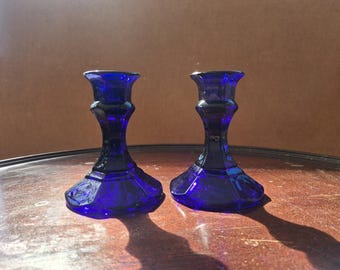 Vintage 1960s Libby Worthington Cobalt Blue Glass Candlestick Pair Hexagonal Paneled Base