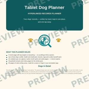 Puede incluir: Un planificador digital para perros con un encabezado verde azulado oscuro que muestra el texto Tablet Dog Planner, Hyperlinked Records Planner y un icono de perro dentro de una lupa. Enumera funciones para el registro de salud.