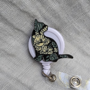 Cat Badge Reel - Black Flower Kitty Badge Reel Alligator Clip