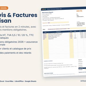 Plantilla de Excel para presupuestos y facturas para profesionales, IVA 5,5%, 10%, 20%, información obligatoria 2026, garantía de diez años, seguimiento de pagos, en francés.
