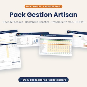 Könnte beinhalten: Ein Management-Paket für Handwerker mit vier Excel-Vorlagen. Der Text lautet Pack Gestion Artisan, Devis & Factures, Rentabilité Chantier, Trésorerie 12 mois und DUERP, dargestellt neben Screenshots von verschiedenen Finanztabellen.