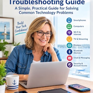 Könnte beinhalten: Ein Leitfaden mit dem Titel Everyday Tech Made Simple Troubleshooting Guide und dem Text A Simple, Practical Guide for Solving Common Technology Problems. Er enthält Symbole für Smartphones, Computer, WLAN, TV, Drucker, Bluetooth, E-Mail und Sicherheit.