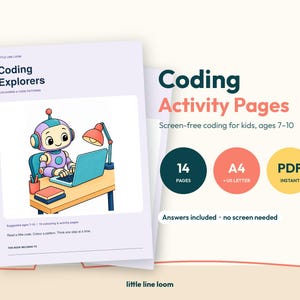 Coding Activity Pages for Kids, Screen-Free Python HTML CSS Colouring Worksheets, Ages 7-10, PDF