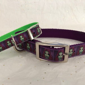 May include: Two dog collars. The larger collar is purple with a repeating graphic of a green-faced figure with a red hood. The smaller collar has a green interior. Both have silver metal buckles.