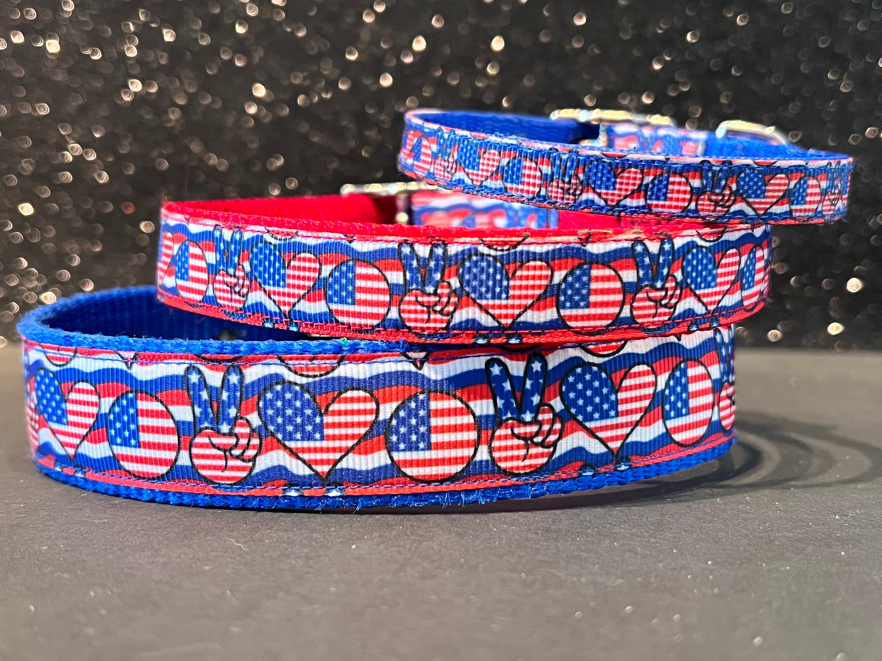 Patriotic Heart Flag Peace Dog Collar, Patriotic Cat Breakaway Collar, Available Matching Leads, Key Fob