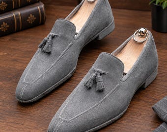 Men's handmade genuine leather grey suede slip on tassel mocassin loafers