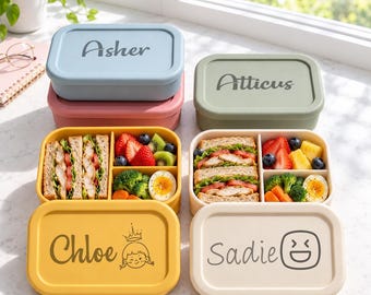 Personalized Silicone Toddler Lunch Box Set, Custom Name 3 Compartment Leakproof Bento, Daycare Back To School Gift