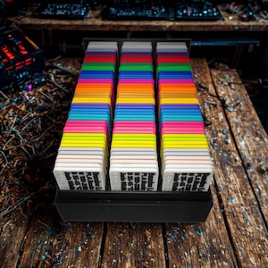 May include: A black storage rack containing three vertical rows of rectangular plastic filament swatches in a rainbow of colors. Each swatch features printed black text including Bambu Lab, PLA, and temperature settings of 190-230 degrees Celsius.