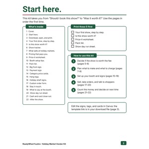 May include: A document titled Start here, which is a guide for a holiday market vendor kit. It includes sections labeled What's inside, Print these 5 first, and How to use this kit, detailing 22 pages of instructions, worksheets, and templates.