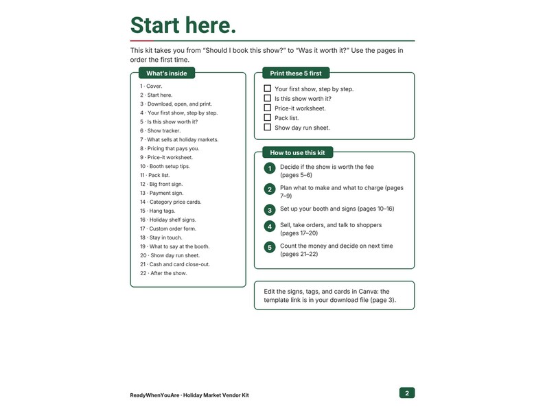 May include: A document titled Start here, which is a guide for a holiday market vendor kit. It includes sections labeled What's inside, Print these 5 first, and How to use this kit, detailing 22 pages of instructions, worksheets, and templates.