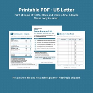May include: A printable Snow Removal Kit document set in US Letter size. The pages include a sample price range table, a main kit overview, and a storm route sheet with columns for client addresses, start times, and notes. Text is in black and white.