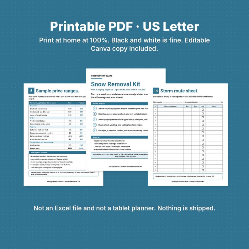 May include: A printable Snow Removal Kit document set in US Letter size. The pages include a sample price range table, a main kit overview, and a storm route sheet with columns for client addresses, start times, and notes. Text is in black and white.