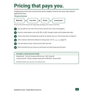 May include: A page titled Pricing that pays you, featuring a price formula of Materials plus time plus extras equals lowest price. It lists six numbered tips for pricing handmade items and includes a candle pricing example.