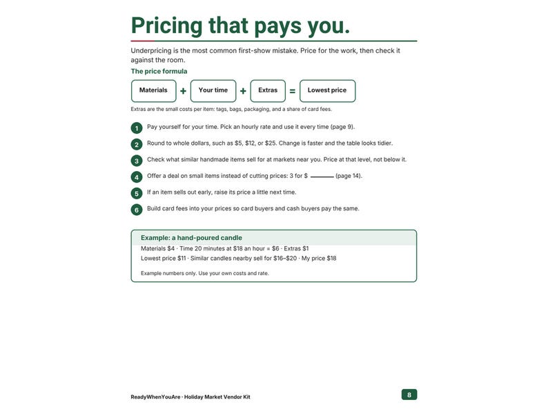 May include: A page titled Pricing that pays you, featuring a price formula of Materials plus time plus extras equals lowest price. It lists six numbered tips for pricing handmade items and includes a candle pricing example.