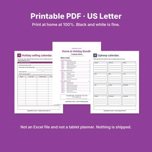 May include: A printable PDF US Letter home and holiday bundle template featuring a holiday selling calendar, a home and holiday bundle template edition, and an upkeep calendar with monthly grids for tracking tasks and schedules.