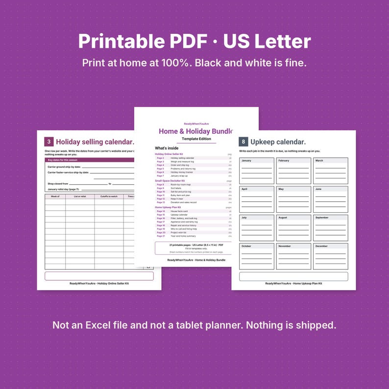 May include: A printable PDF US Letter home and holiday bundle template featuring a holiday selling calendar, a home and holiday bundle template edition, and an upkeep calendar with monthly grids for tracking tasks and schedules.