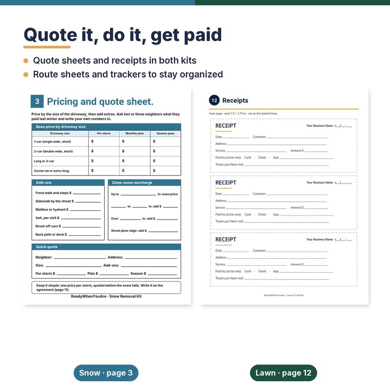May include: A snow removal kit document featuring a pricing and quote sheet on the left with driveway size categories and add-ons, and a receipts page on the right with three perforated sections for business transactions and customer details.