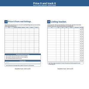May include: A white document page titled Price it and track it featuring two tables. The left table is labeled 4 Price it from real listings with columns for item, comps, ask, quick, and floor prices. The right table is labeled 17 Listing tracker.