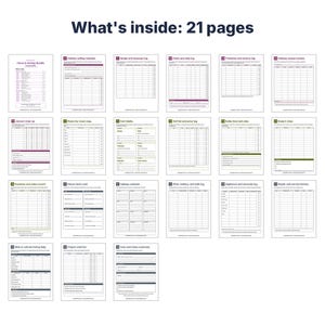May include: A digital planner bundle containing 21 pages for home and holiday organisation. The document includes various logs, calendars, and trackers with headers such as Holiday selling calendar, Sort labels, and Year-end home summary.