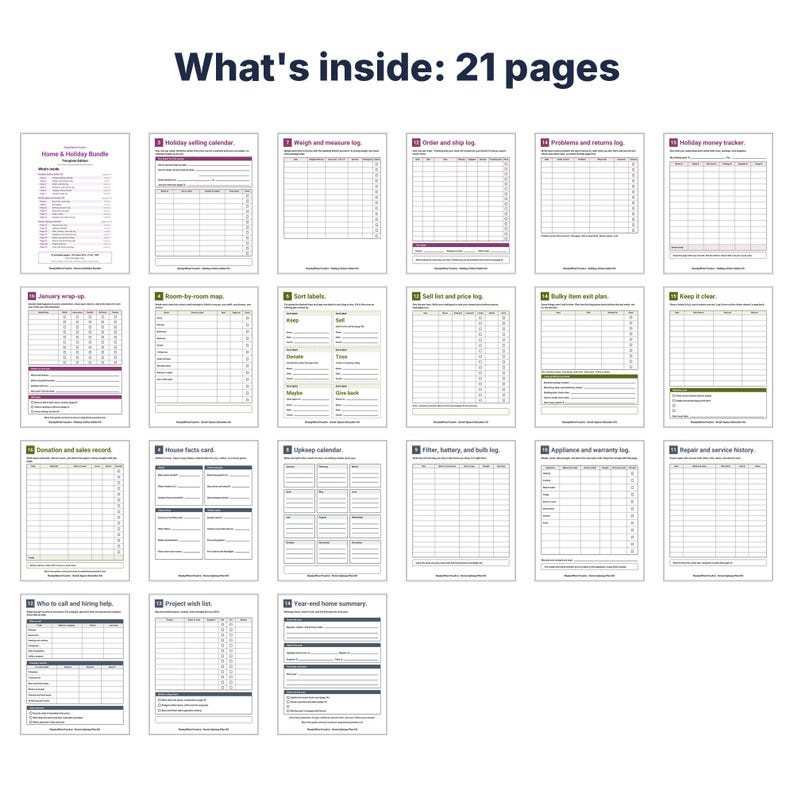 May include: A digital planner bundle containing 21 pages for home and holiday organisation. The document includes various logs, calendars, and trackers with headers such as Holiday selling calendar, Sort labels, and Year-end home summary.