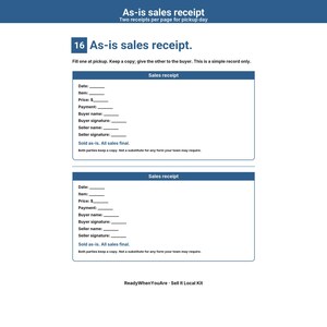 May include: A white document titled As-is sales receipt with two identical sections for recording transaction details including date, item, price, payment, buyer and seller names, and signatures, with blue headers and text.