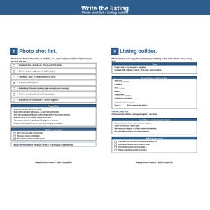 May include: A white informational document titled Write the listing, featuring a photo shot list and a listing builder guide. The text includes instructions for photographing items and templates for creating product descriptions for online sales.