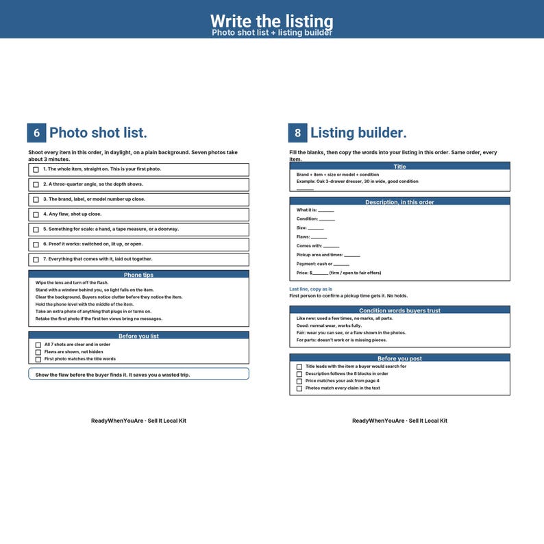 May include: A white informational document titled Write the listing, featuring a photo shot list and a listing builder guide. The text includes instructions for photographing items and templates for creating product descriptions for online sales.