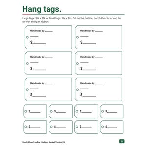 May include: A printable sheet of hang tags featuring six large rectangular tags with 'Handmade by' and a dollar sign line, and eight small rectangular tags with a dollar sign line. Text includes 'Hang tags' and dimensions 3.5 x 1.75 in and 1.75 x 1 in.