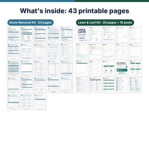 May include: A digital collection of 43 printable pages titled What's inside: 43 printable pages. It includes a Snow Removal Kit with 23 pages and a Lawn & Leaf Kit with 20 pages and 10 posts, featuring various business forms, checklists, and logs.