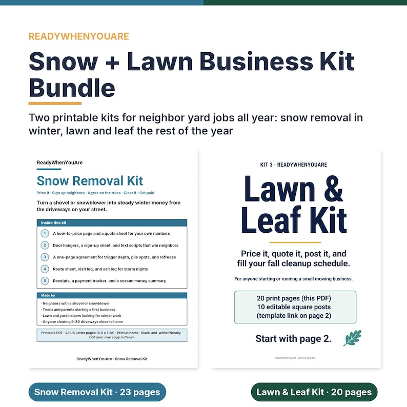 May include: A digital Snow + Lawn Business Kit Bundle featuring two printable kits. The Snow Removal Kit includes 23 pages for winter jobs, while the Lawn & Leaf Kit contains 20 pages for fall cleanup, including editable square social media posts.